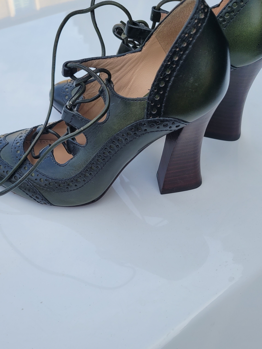 Tory Burch Olive and Black Lace-Up Brogue Heels with Sculpted Wooden Heel